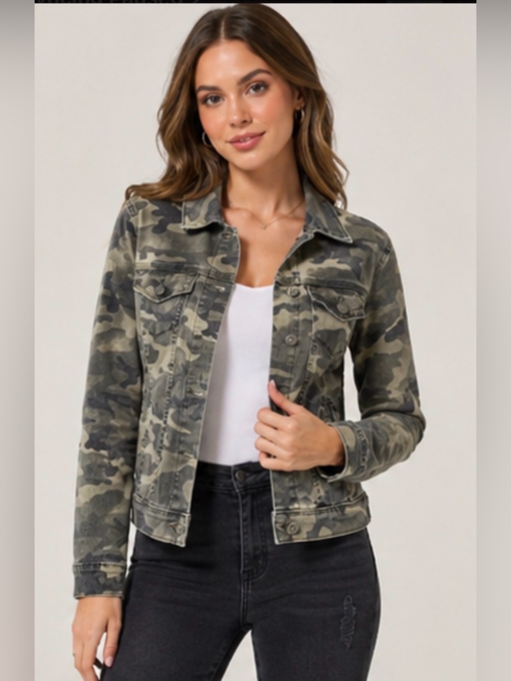 MISS ME CAMO JACKET • SIZE Small • STRETCH DENIM - Picture 2 of 13